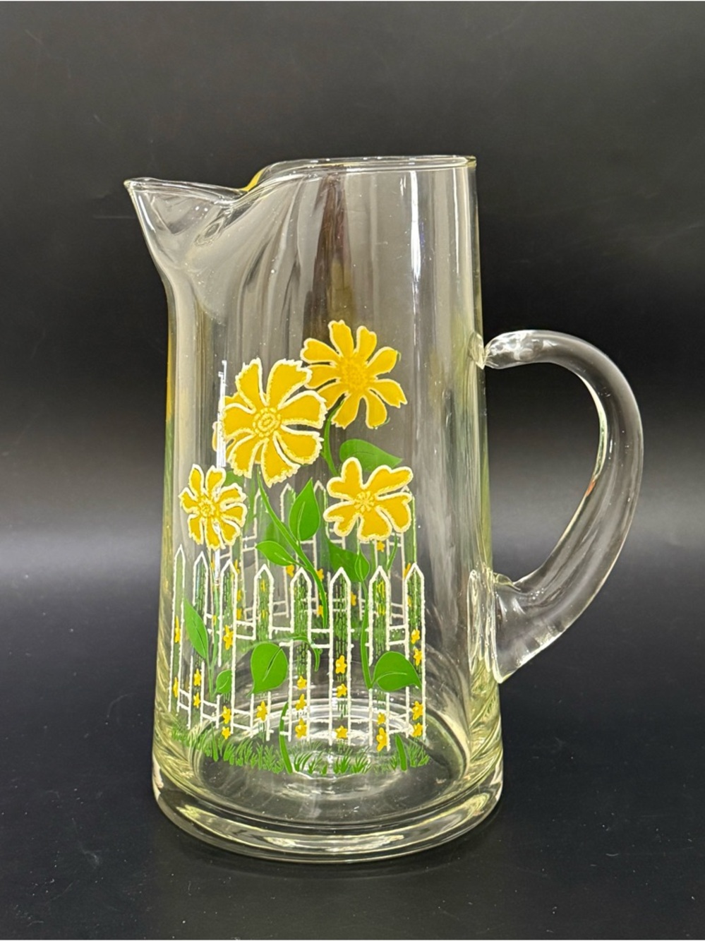Vintage 60's MCM Culver Daisy & Picket Fence Embossed 9” Glass Pitcher